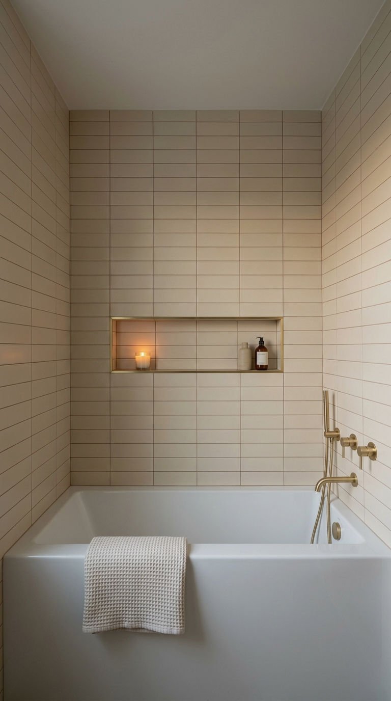 23 Beige Bathroom Tile Ideas for a Warm Neutral Retreat 22 22. Beige Tile Tub Surround Makeover