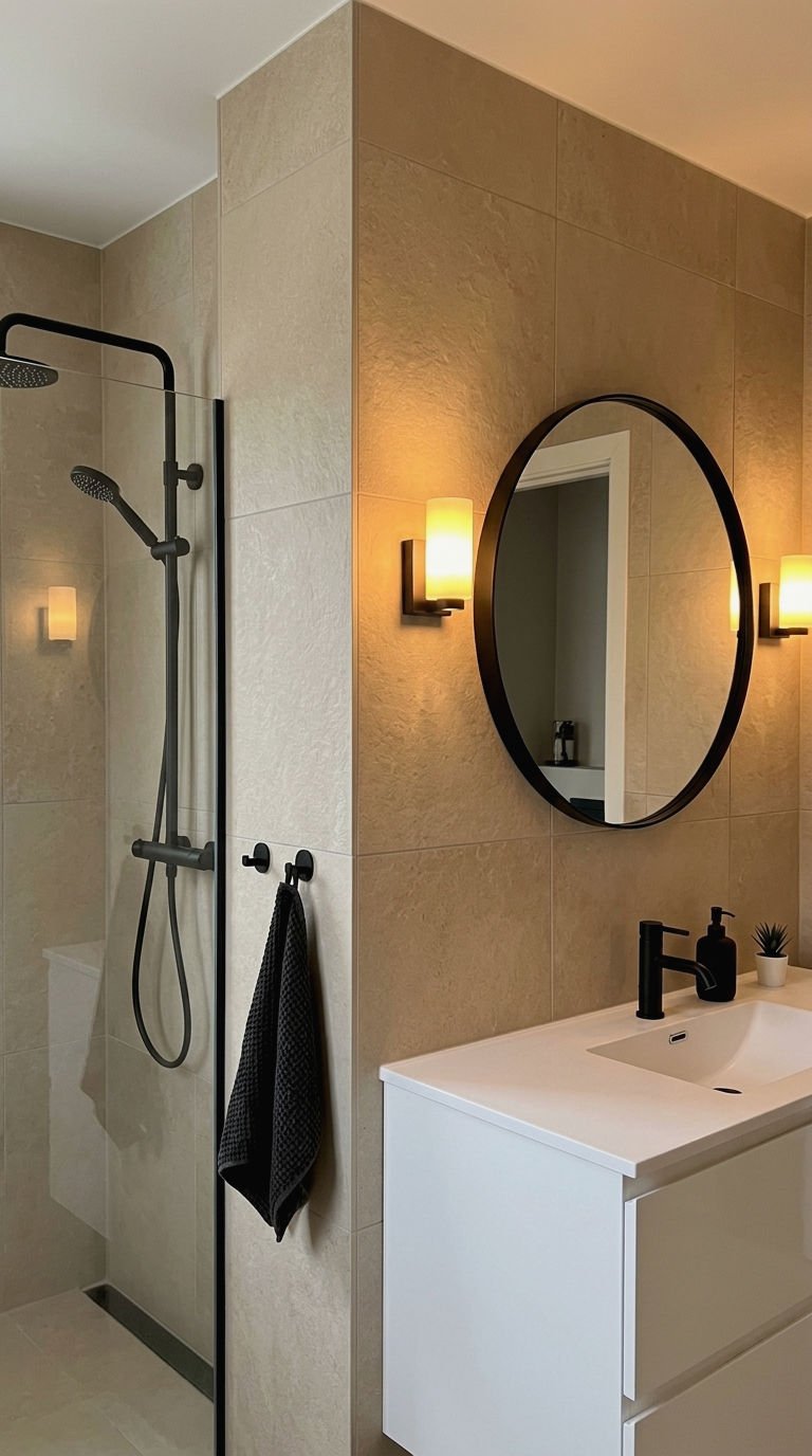 23 Beige Bathroom Tile Ideas for a Warm Neutral Retreat 8 8. Beige Tile With Black Fixtures