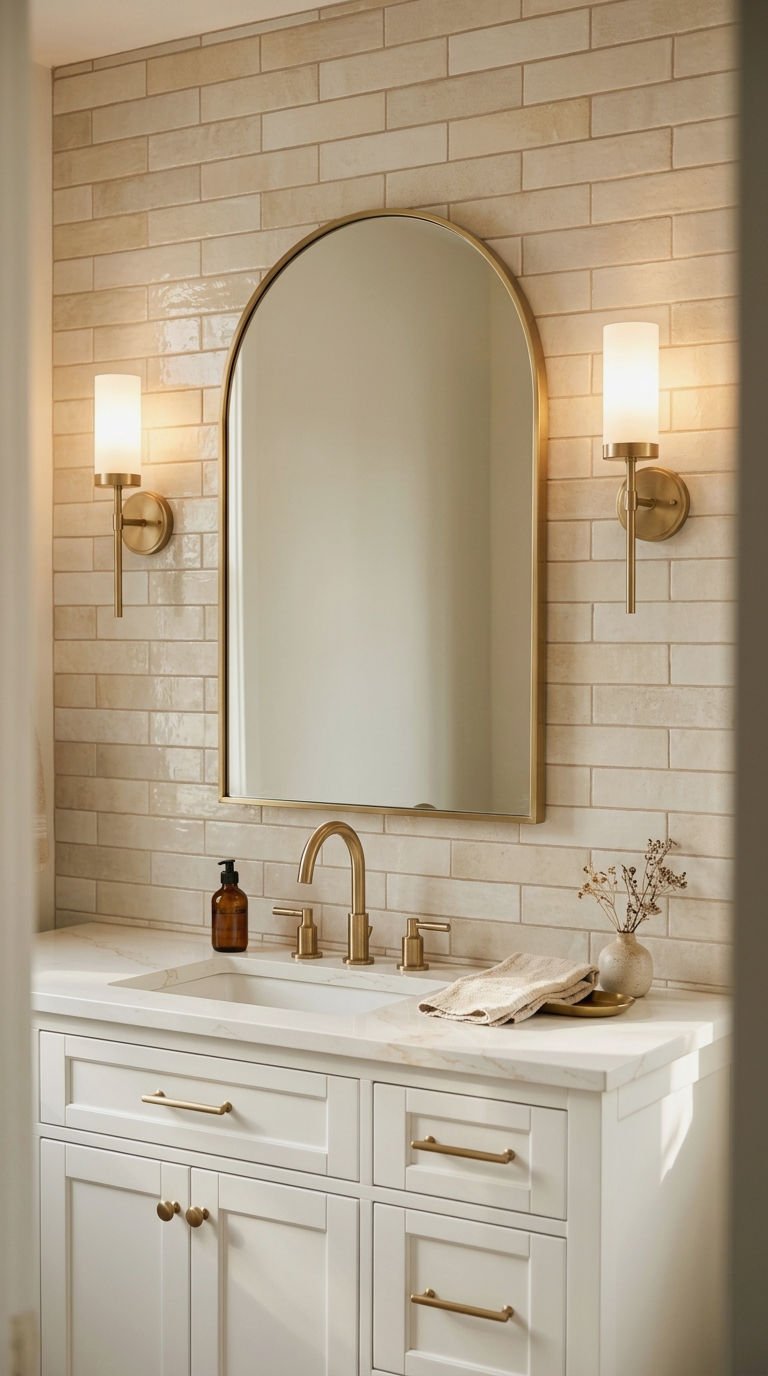 23 Beige Bathroom Tile Ideas for a Warm Neutral Retreat 14 14. Beige Tile With Brushed Brass