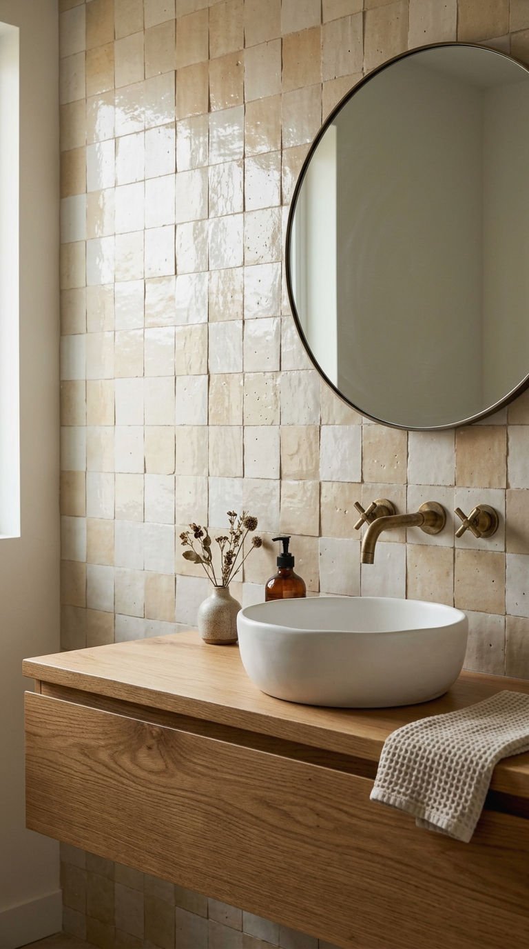 23 Beige Bathroom Tile Ideas for a Warm Neutral Retreat 6 6. Beige Zellige Tile Sink Backsplash
