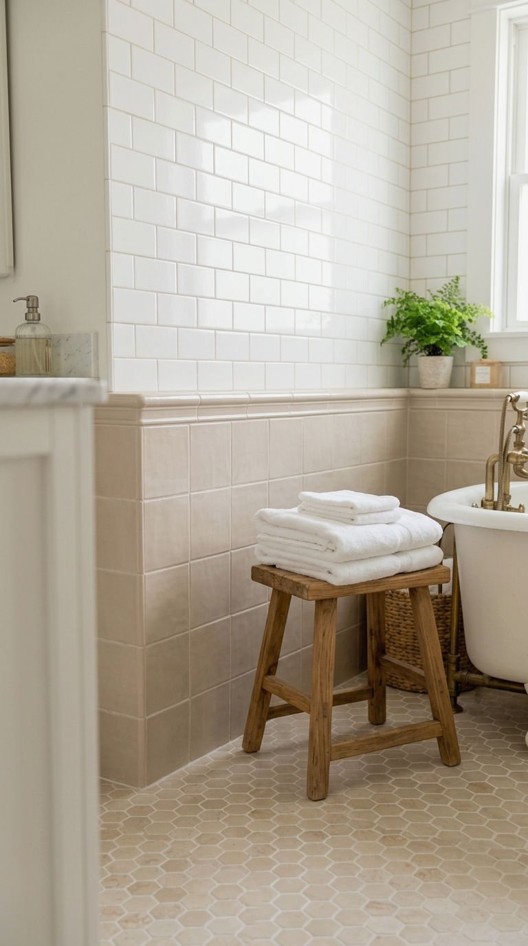 23 Beige Bathroom Tile Ideas for a Warm Neutral Retreat 9 9. Beige and White Tile Pairing