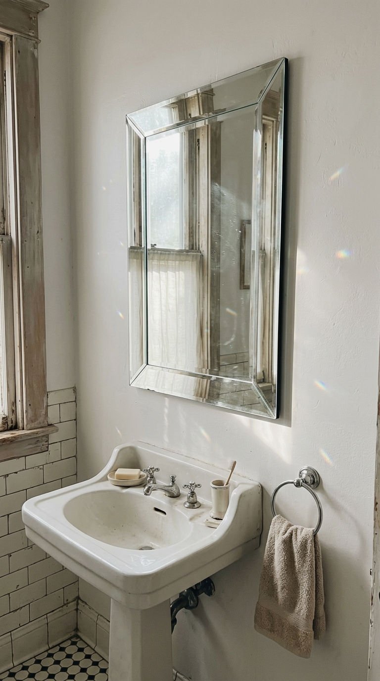 20 Oversized Bathroom Mirror Ideas to Make a Small Bathroom Look Bigger 17 17. Beveled Edge Mirror for Sparkle