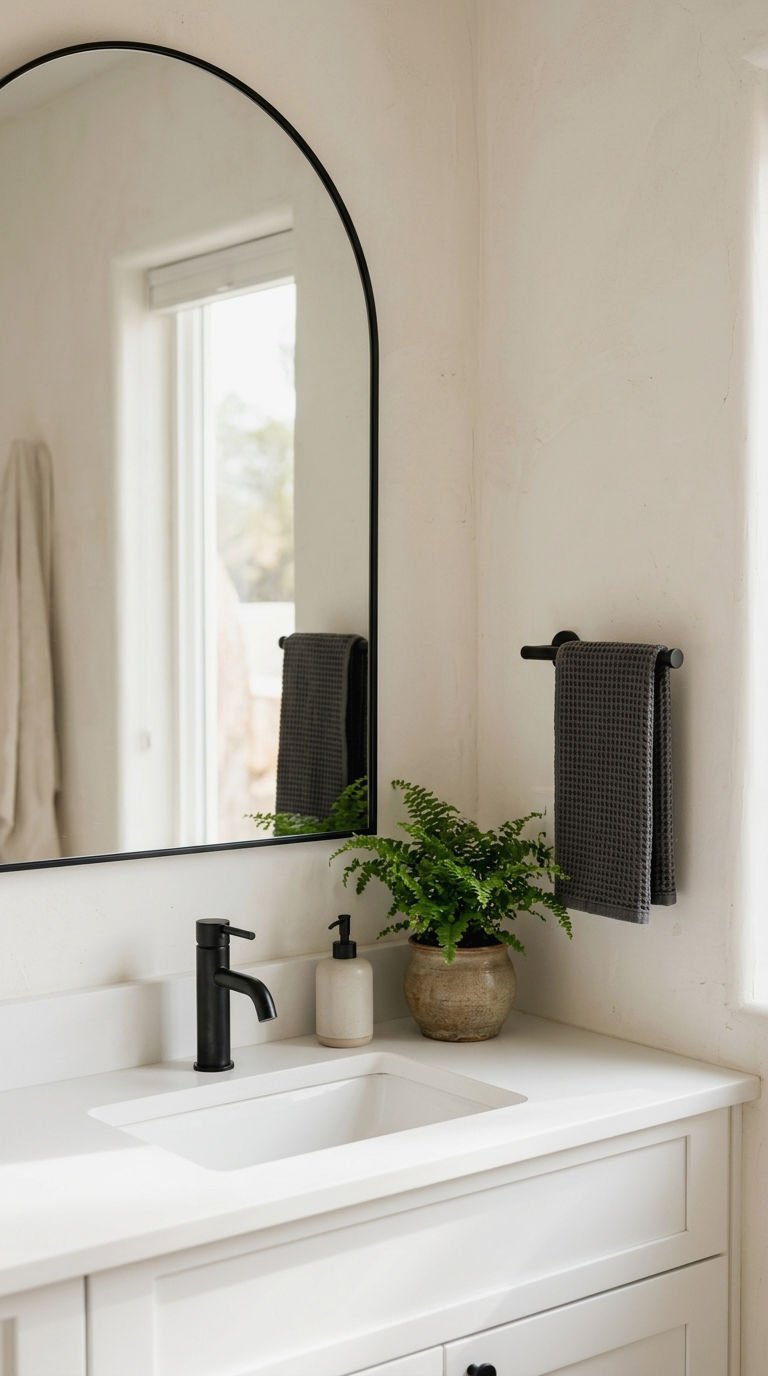 2. Black Arched Mirror Bathroom Contrast