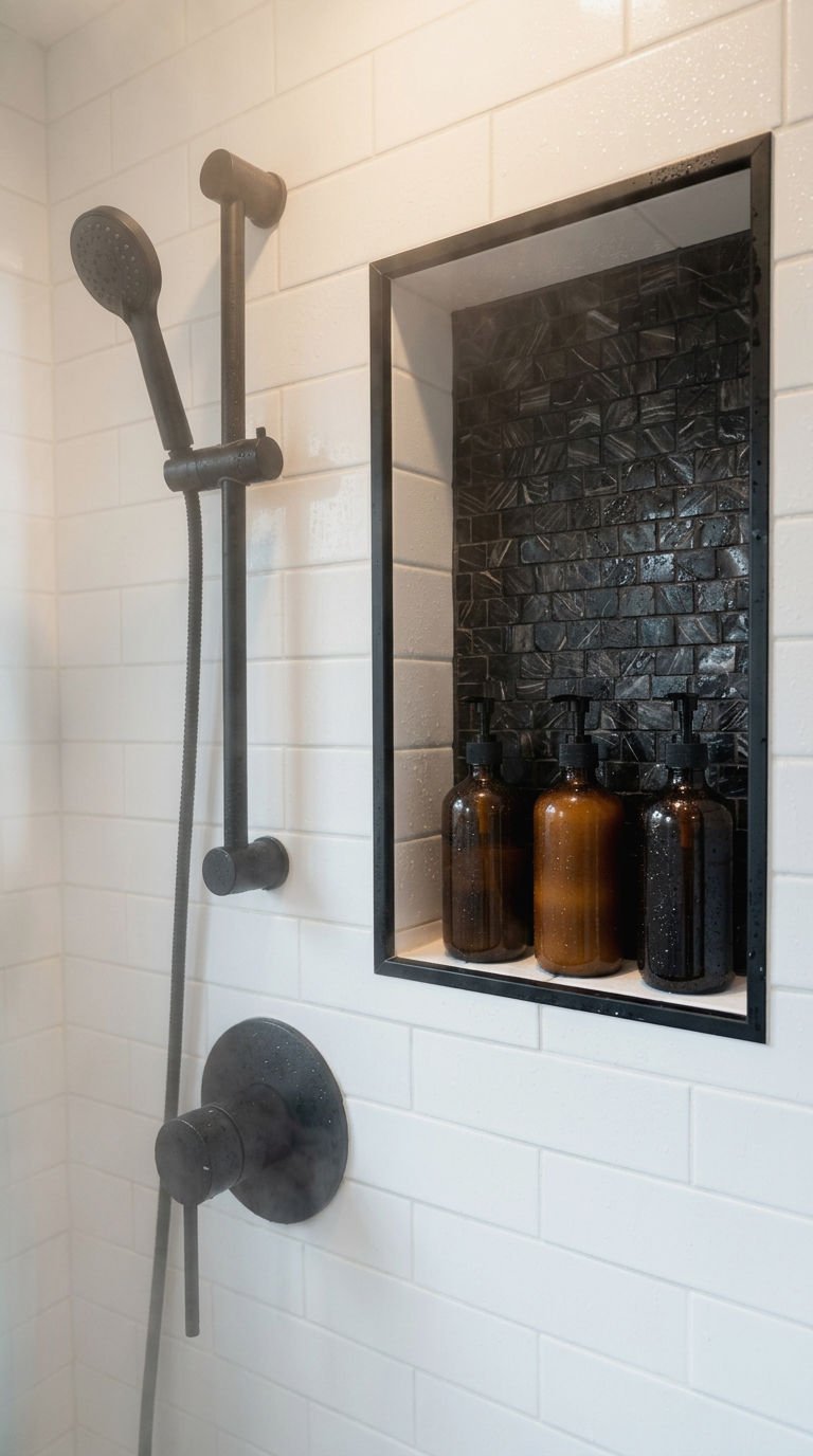 15. Black Frame Shower Niche with White Tile