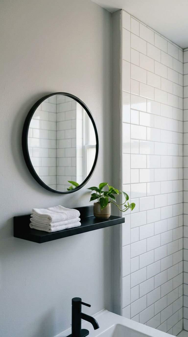 25 Round Bathroom Mirror Ideas for a Square Vanity 16 16. Round Mirror With Floating Shelf