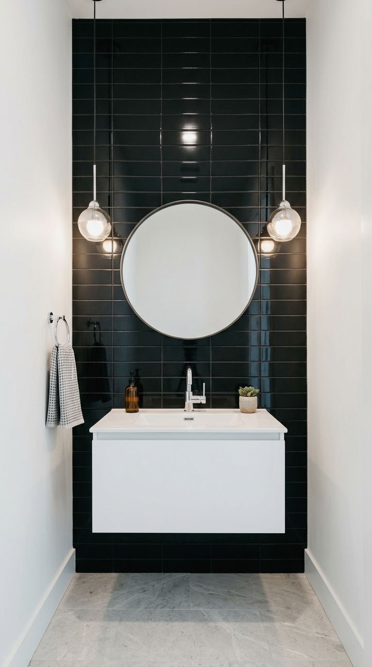 12. Black Tile Accent Wall Behind the Vanity