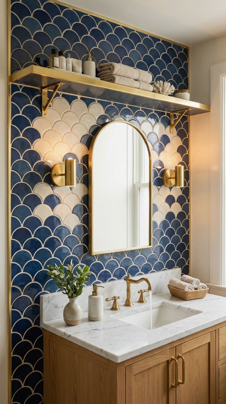 21 Fish Scale Bathroom Tile Ideas for a Coastal Inspired Look 15 15. Brass Trim With Fish Scale Tile