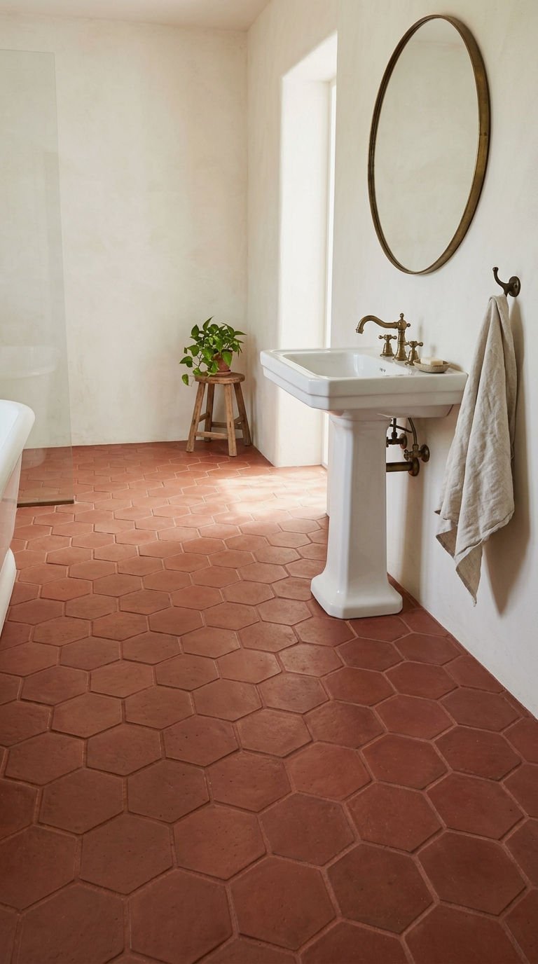 23 Red Bathroom Tile Ideas for a Bold Mediterranean Inspired Space 4 4. Brick Red Hexagon Floor Tiles