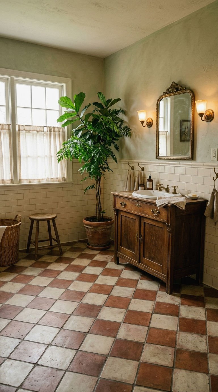 22 Brown Bathroom Tile Ideas for a Cozy Earthy Bathroom 15 15. Brown Checkerboard Tile Floor