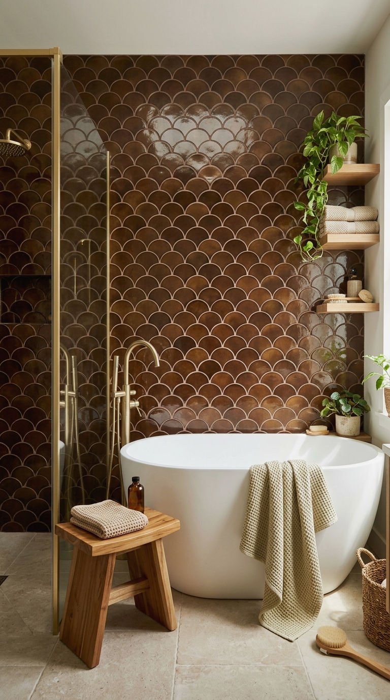 22 Brown Bathroom Tile Ideas for a Cozy Earthy Bathroom 19 19. Brown Fish Scale Tile Accent