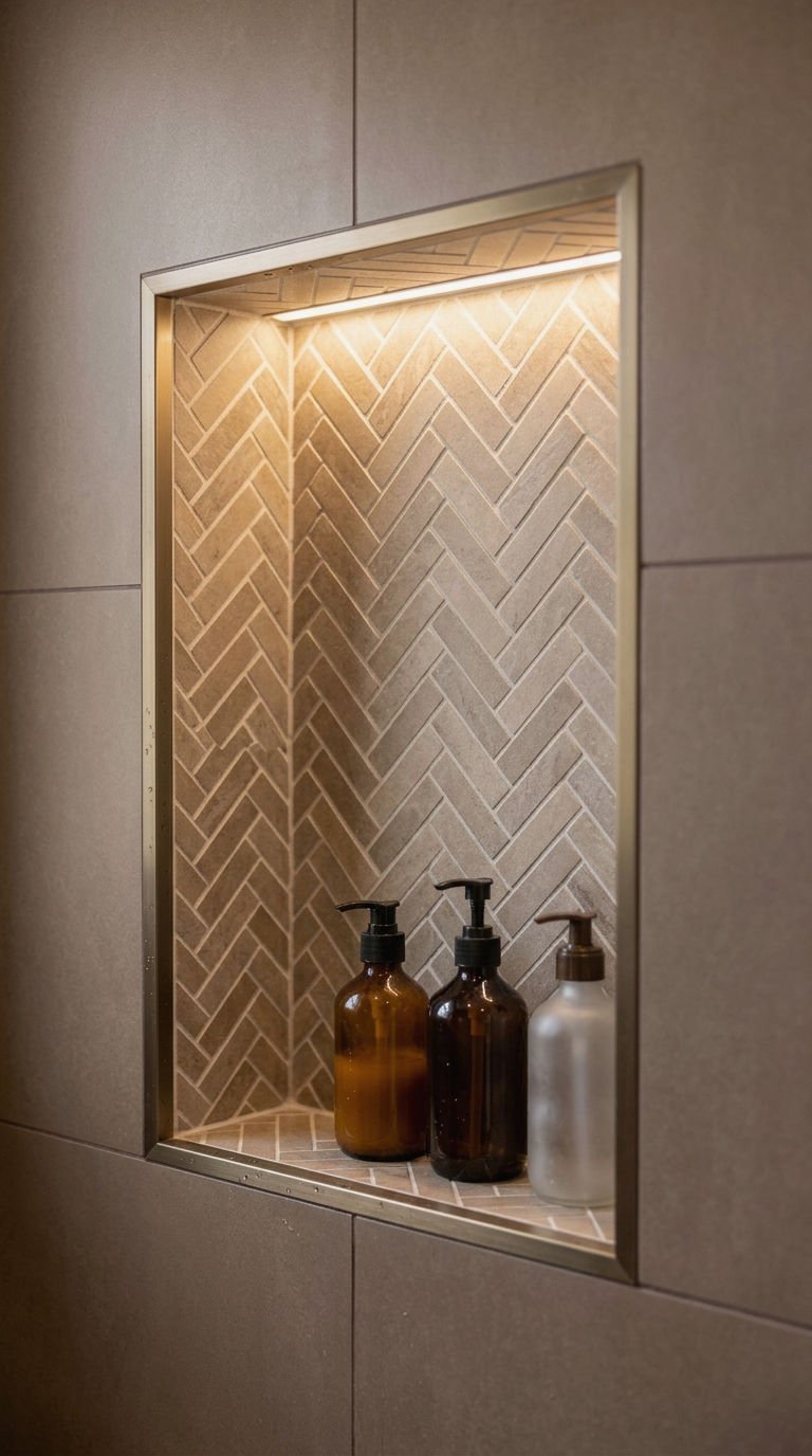 22 Brown Bathroom Tile Ideas for a Cozy Earthy Bathroom 11 11. Brown Herringbone Tile Shower Niche