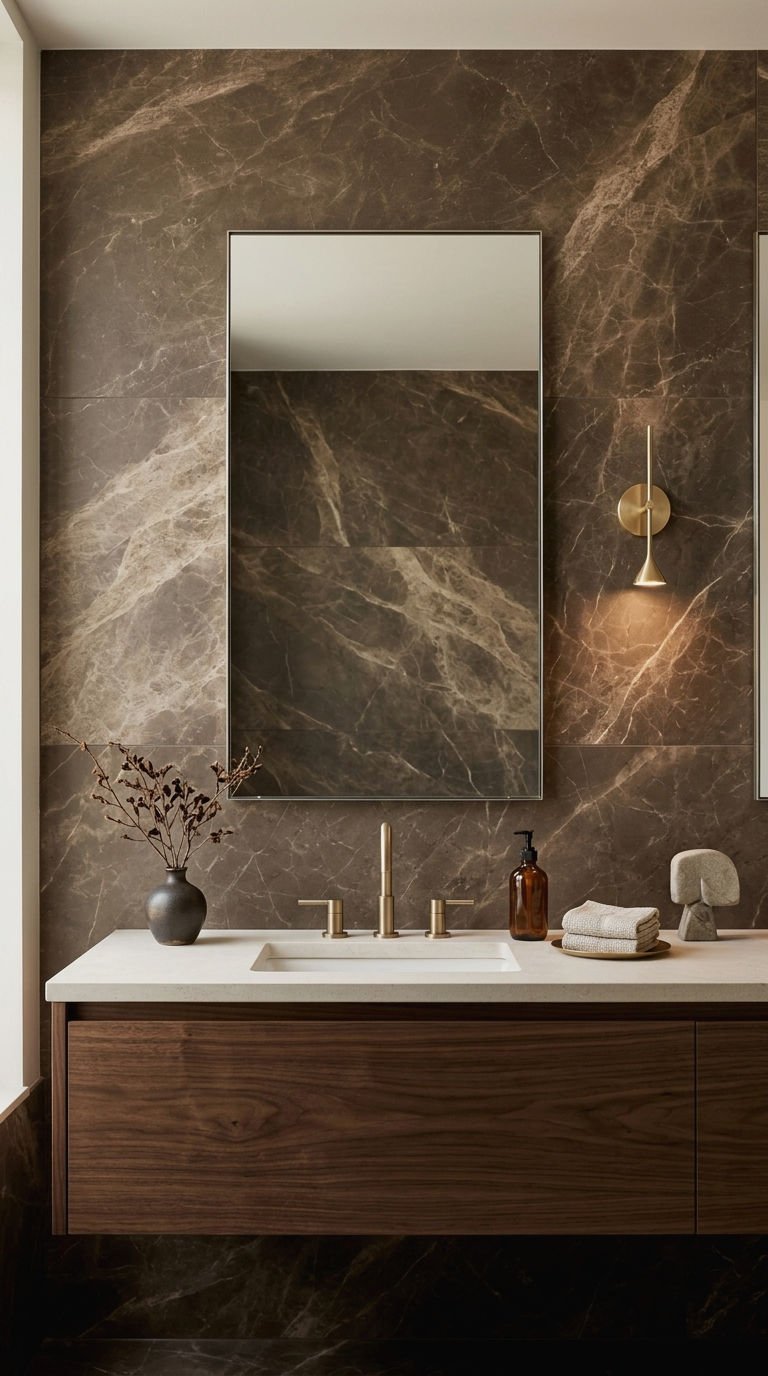 22 Brown Bathroom Tile Ideas for a Cozy Earthy Bathroom 7 7. Brown Marble Look Vanity Wall