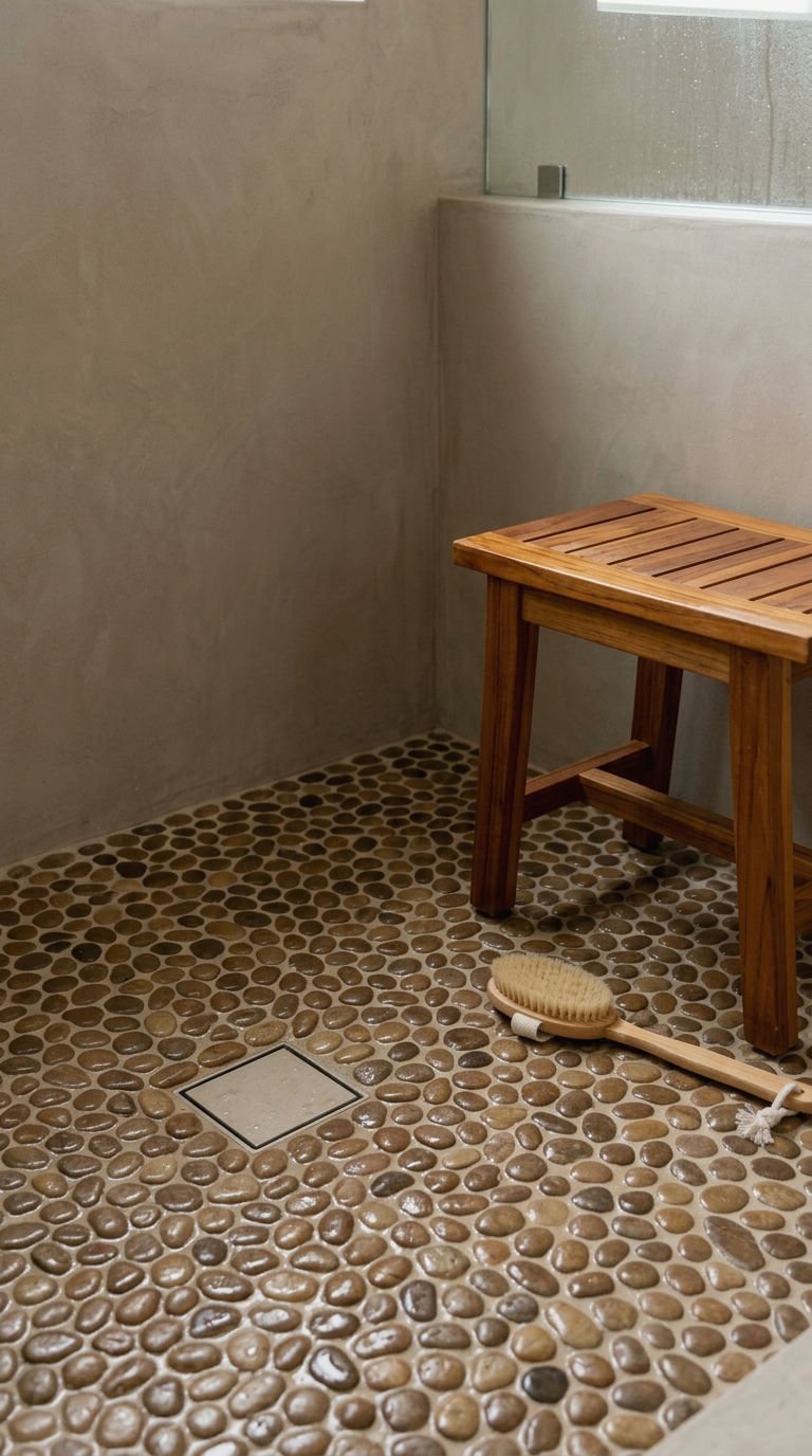 22 Brown Bathroom Tile Ideas for a Cozy Earthy Bathroom 17 17. Brown Pebble Tile Wet Room