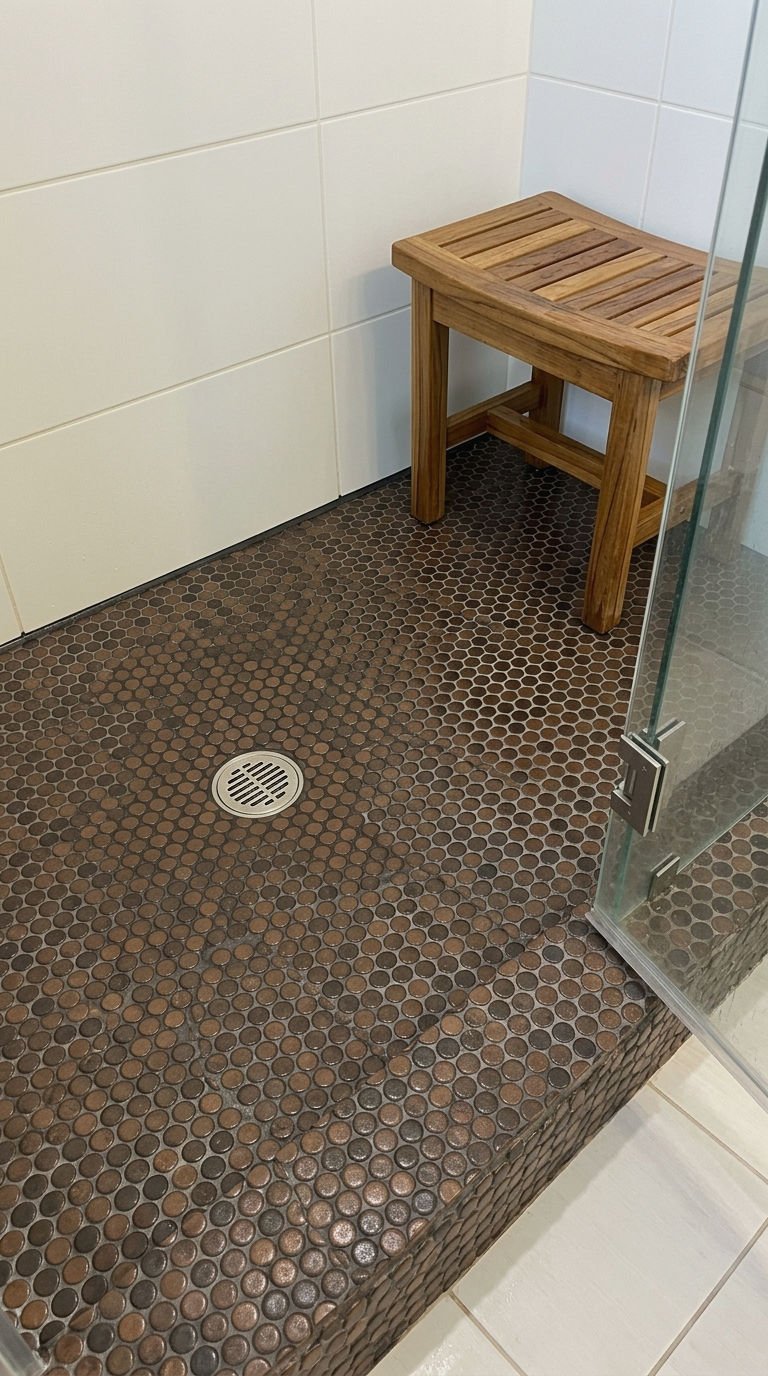 22 Brown Bathroom Tile Ideas for a Cozy Earthy Bathroom 9 9. Brown Penny Tile Shower Floor