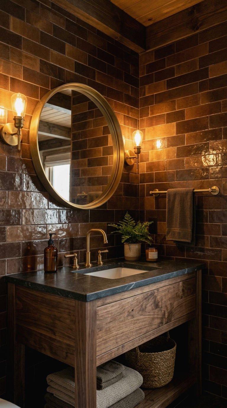 22 Brown Bathroom Tile Ideas for a Cozy Earthy Bathroom 20 20. Brown Tile With Brass Fixtures