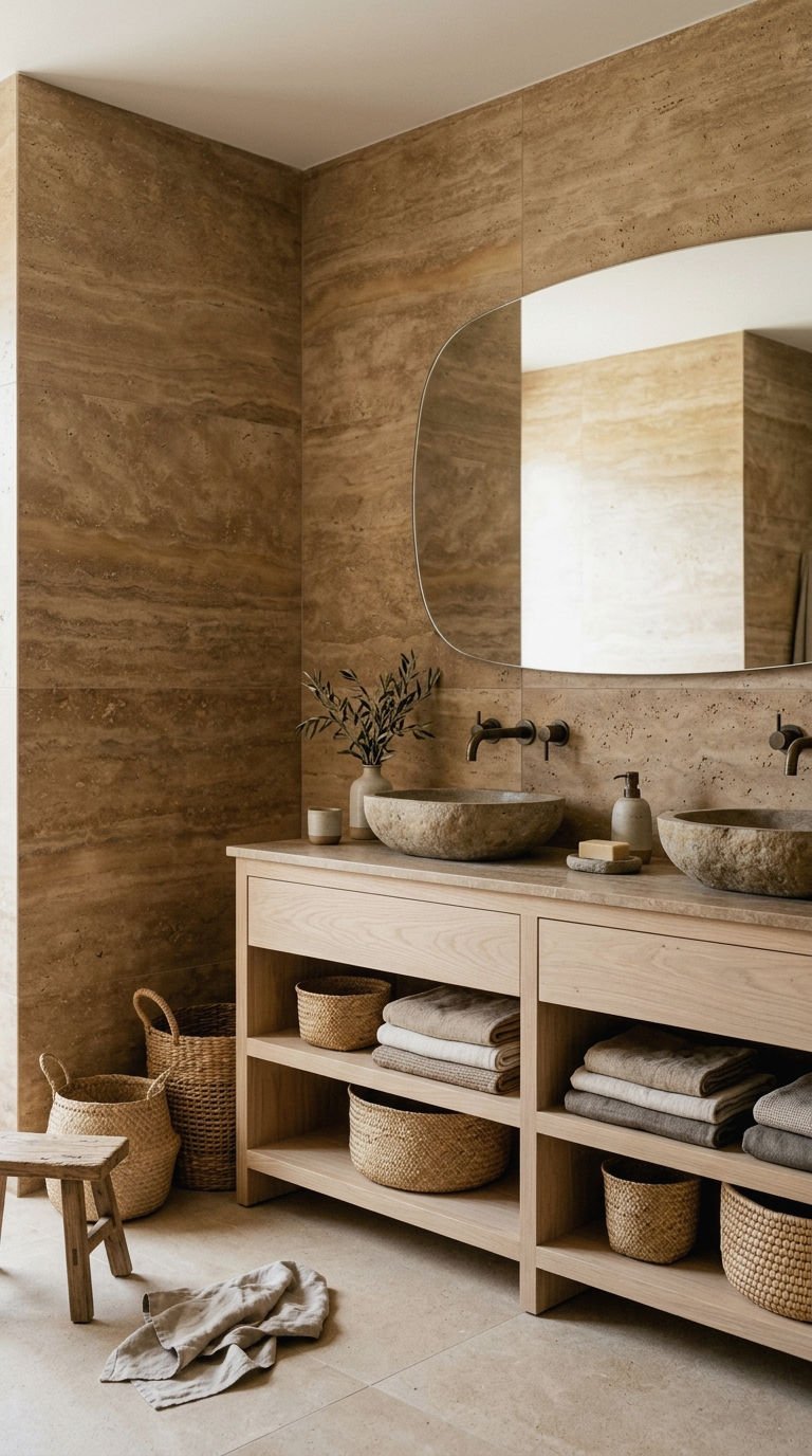 22 Brown Bathroom Tile Ideas for a Cozy Earthy Bathroom 21 21. Brown Travertine Look Tile Walls