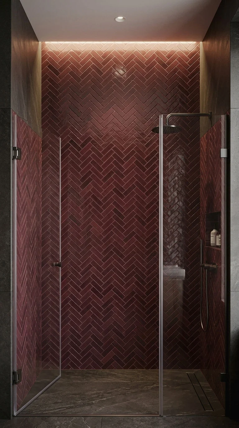 10. Burgundy Herringbone Tile Shower