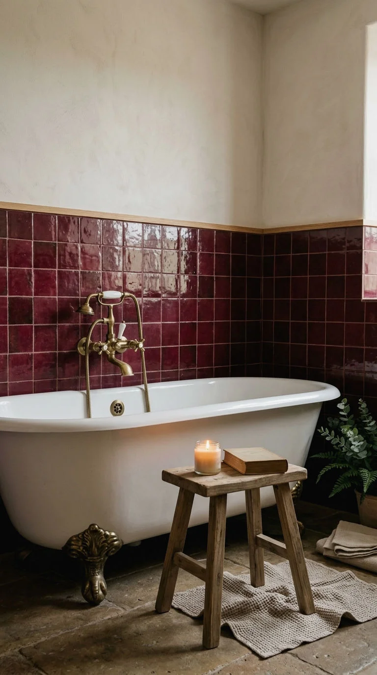 15. Burgundy Tile Clawfoot Tub Wall