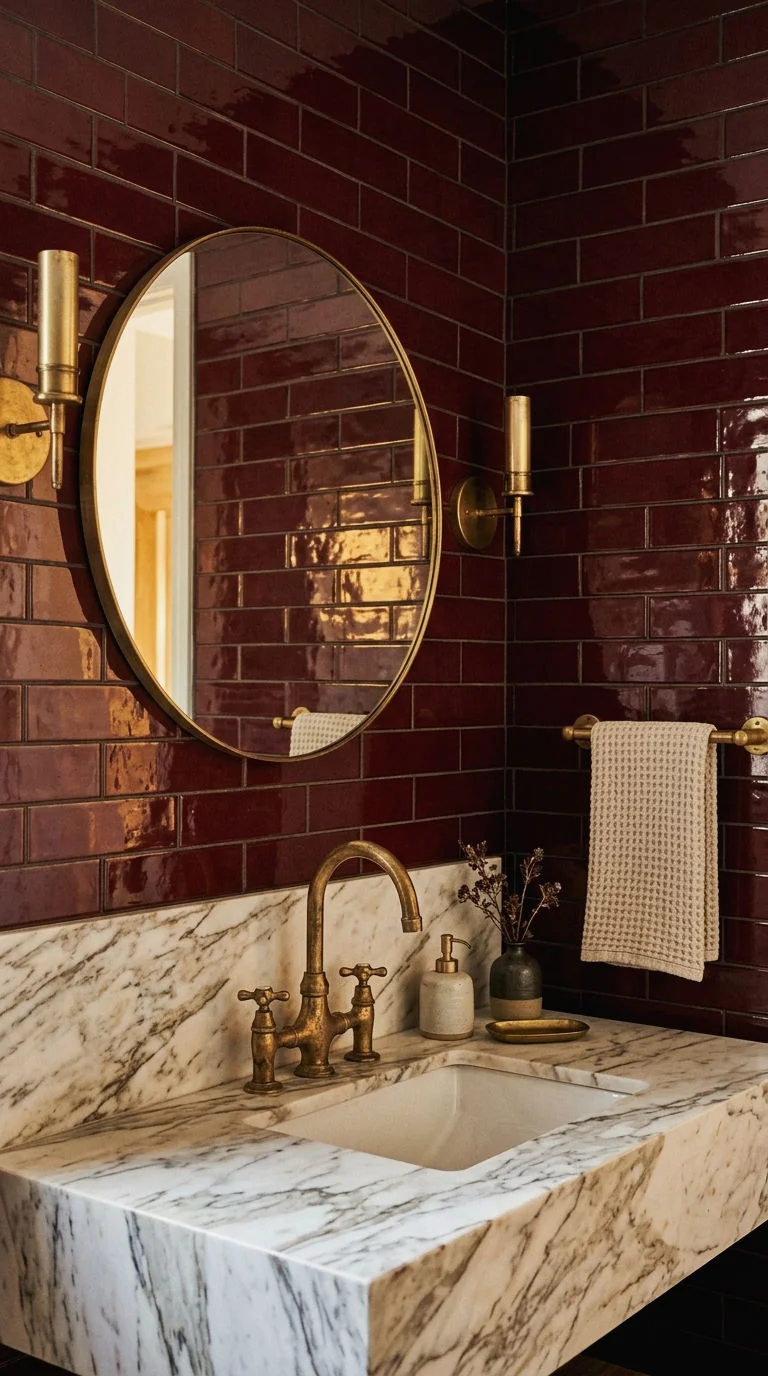 6. Burgundy Tile with Brass Fixtures