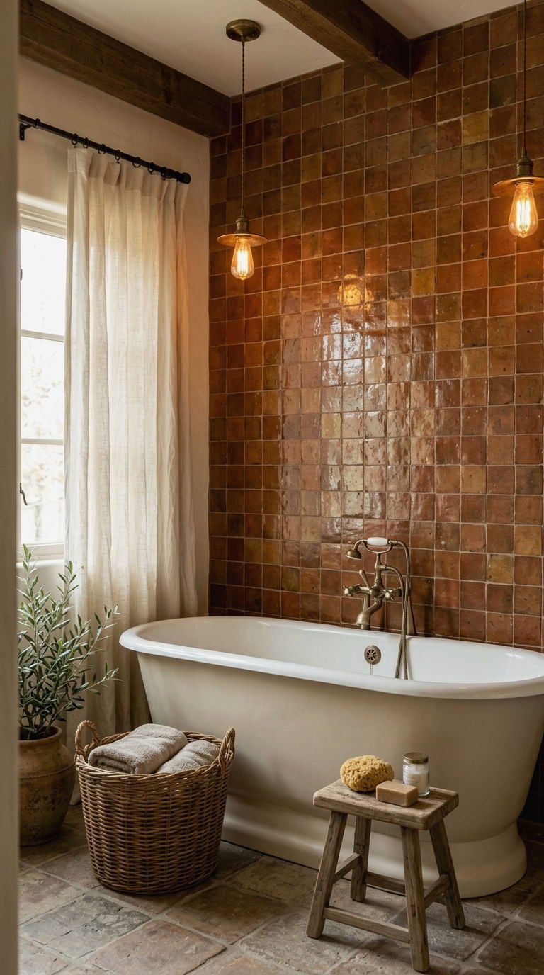 23 Red Bathroom Tile Ideas for a Bold Mediterranean Inspired Space 7 7. Burnt Sienna Handmade Tile Accent Wall