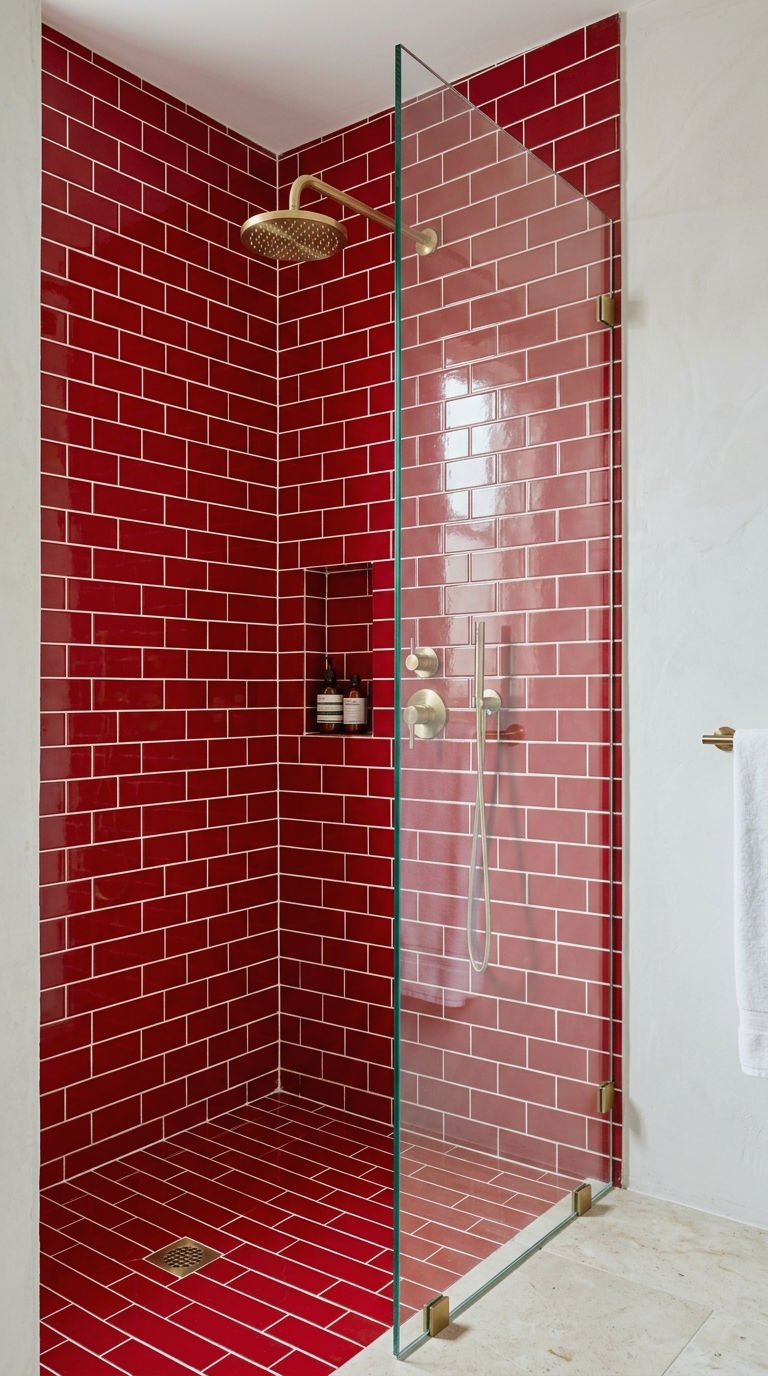 23 Red Bathroom Tile Ideas for a Bold Mediterranean Inspired Space 2 2. Cherry Red Subway Tile Shower