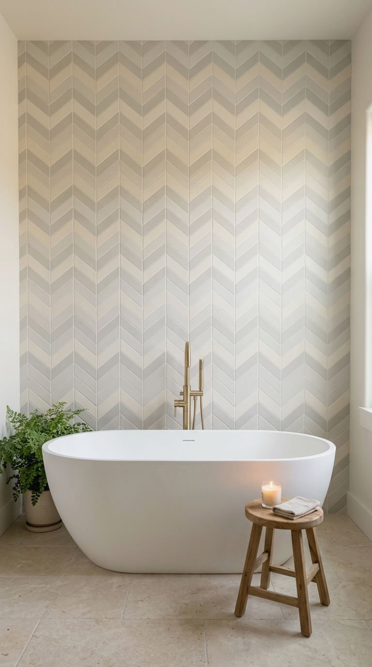 22 Chevron Bathroom Tile Ideas for a Sleek Directional Pattern 18 18. Chevron Tile Behind a Freestanding Tub