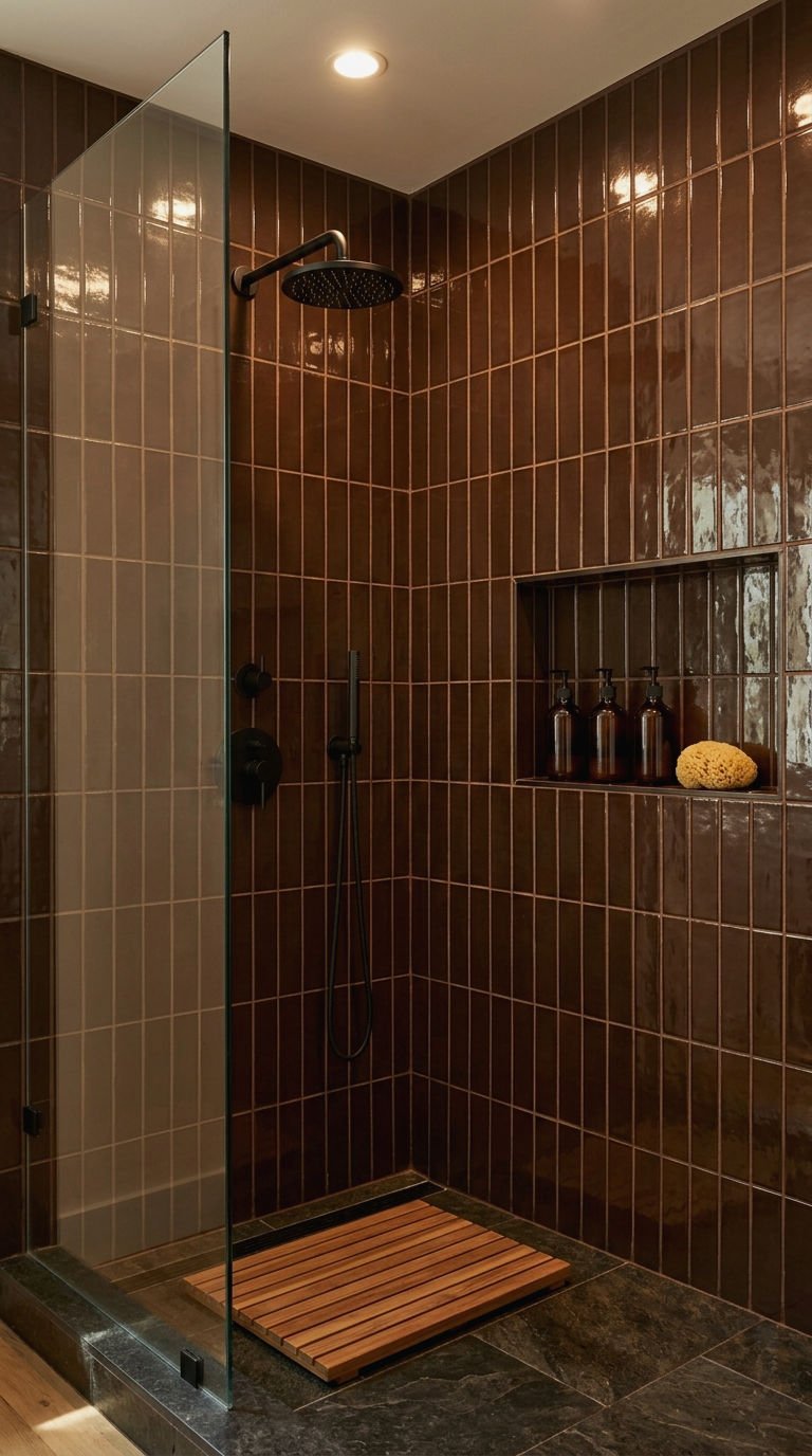 22 Brown Bathroom Tile Ideas for a Cozy Earthy Bathroom 1 1. Chocolate Brown Subway Tile Shower