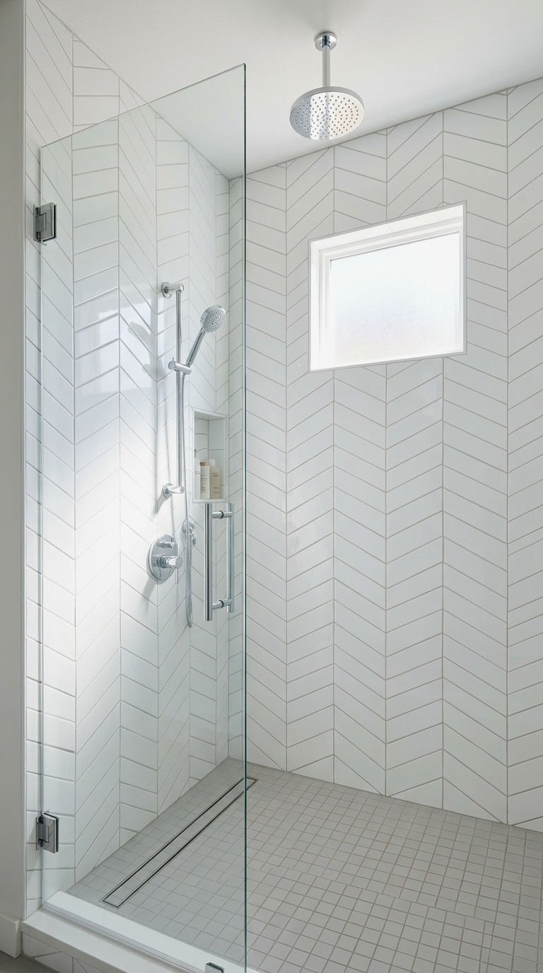 22 Chevron Bathroom Tile Ideas for a Sleek Directional Pattern 1 1. Classic White Chevron Shower Walls