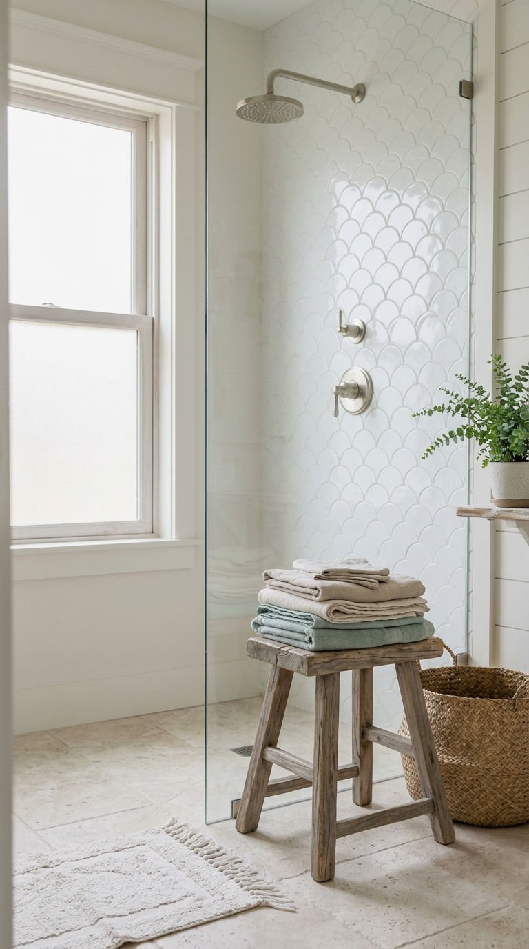 21 Fish Scale Bathroom Tile Ideas for a Coastal Inspired Look 1 1. Classic White Fish Scale Tile
