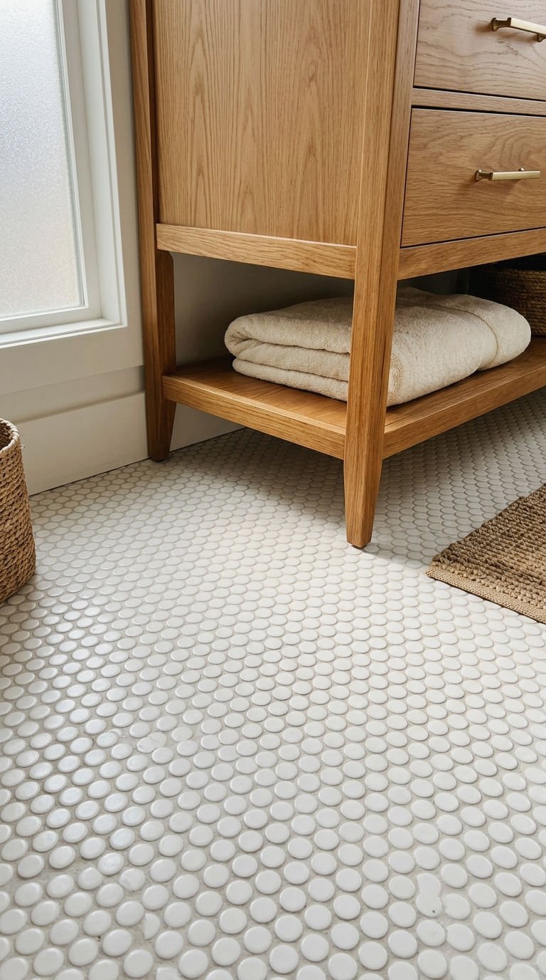 1. Classic White Penny Tile Floor