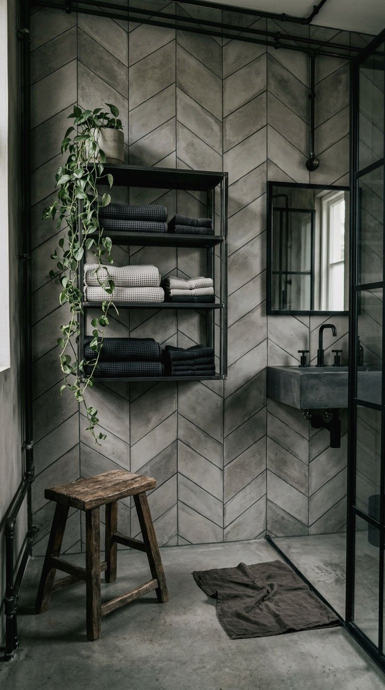 22 Chevron Bathroom Tile Ideas for a Sleek Directional Pattern 22 22. Concrete Look Chevron Industrial Bath