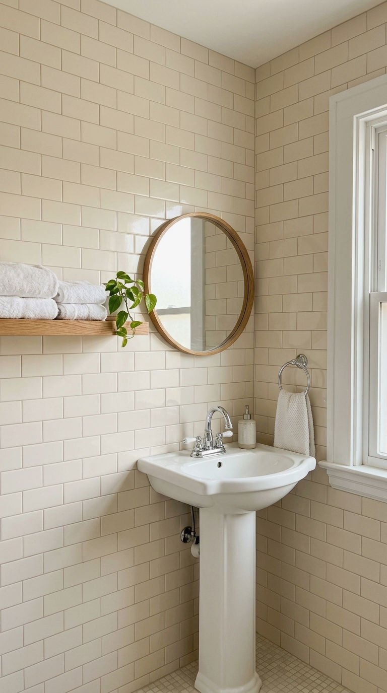23 Beige Bathroom Tile Ideas for a Warm Neutral Retreat 1 1. Creamy Beige Subway Tile Walls