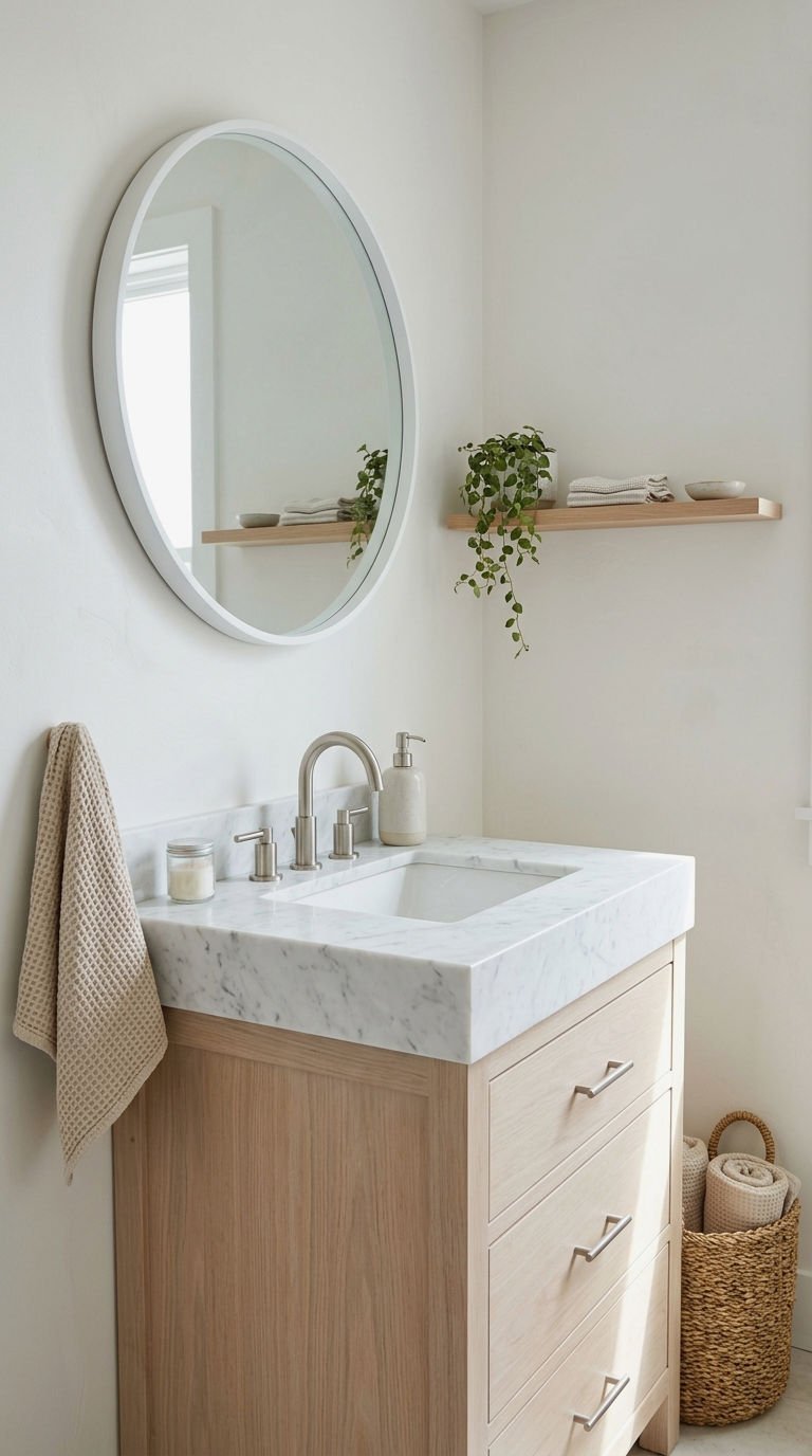 25 Round Bathroom Mirror Ideas for a Square Vanity 12 12. Crisp White Round Bathroom Mirror