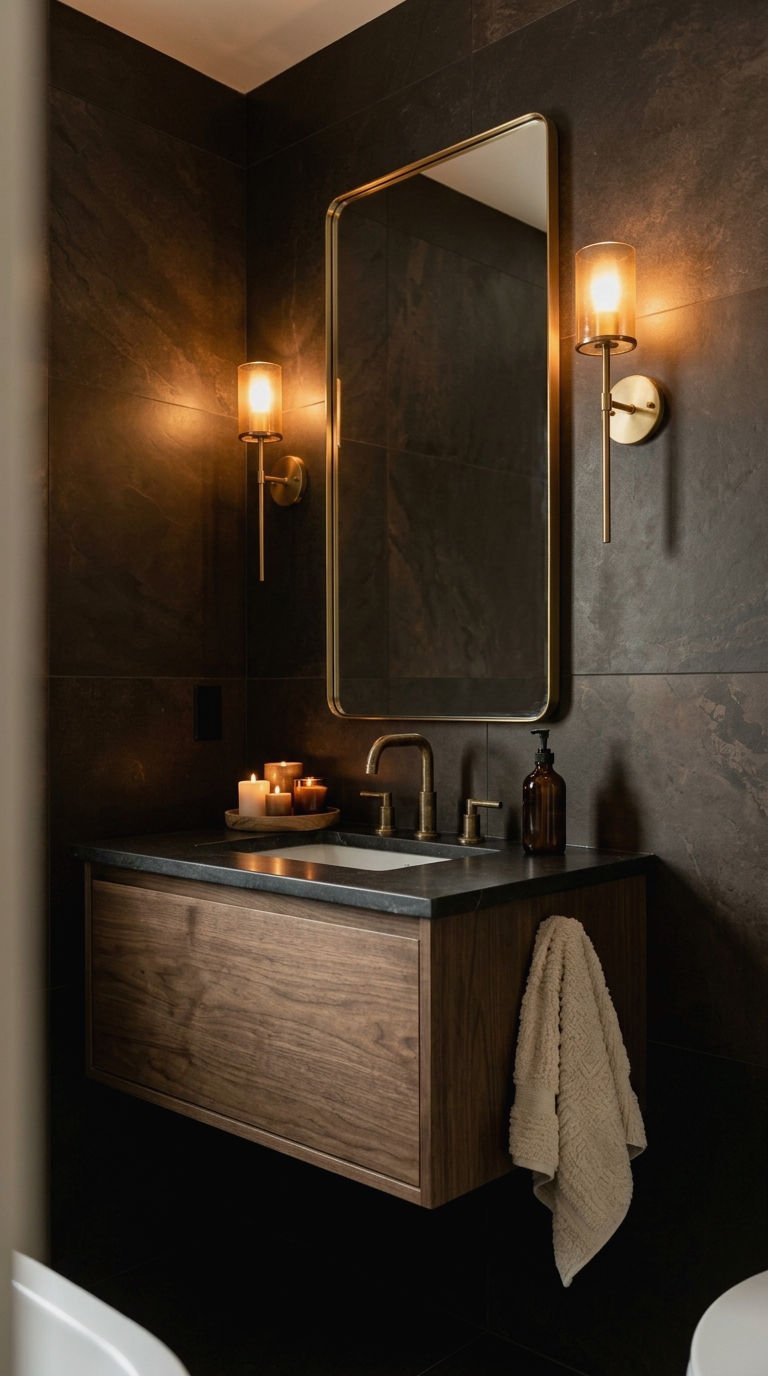 22 Brown Bathroom Tile Ideas for a Cozy Earthy Bathroom 6 6. Dark Brown Tile Moody Bathroom