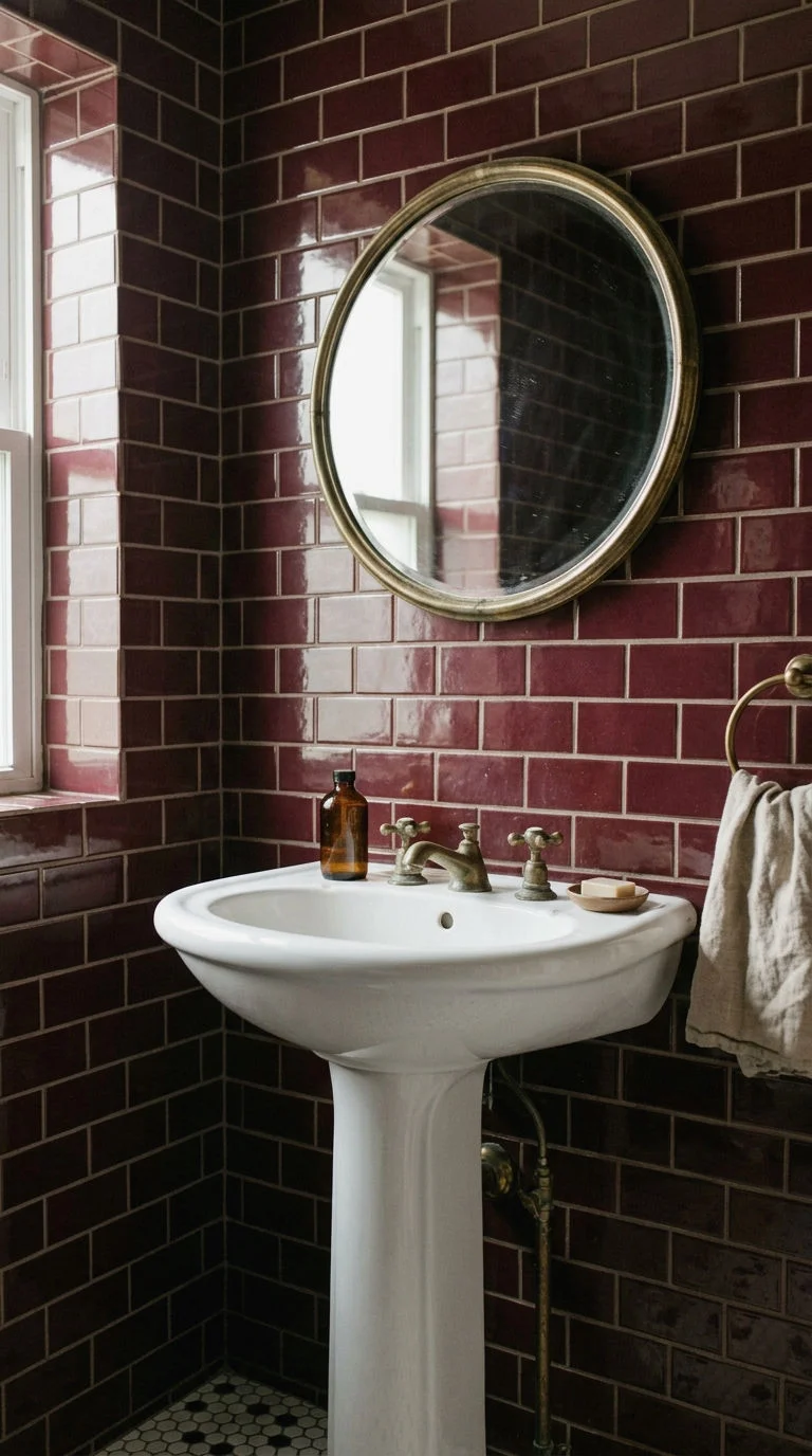 1. Deep Burgundy Subway Tile Walls