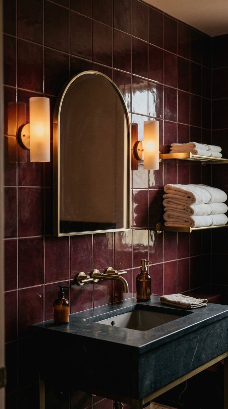 23 Red Bathroom Tile Ideas for a Bold Mediterranean Inspired Space 11 11. Deep Burgundy Tile With Brass Fixtures
