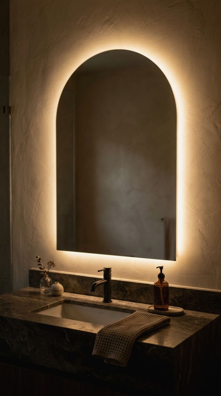 17. Dimmable Warm Backlit Arched Mirror
