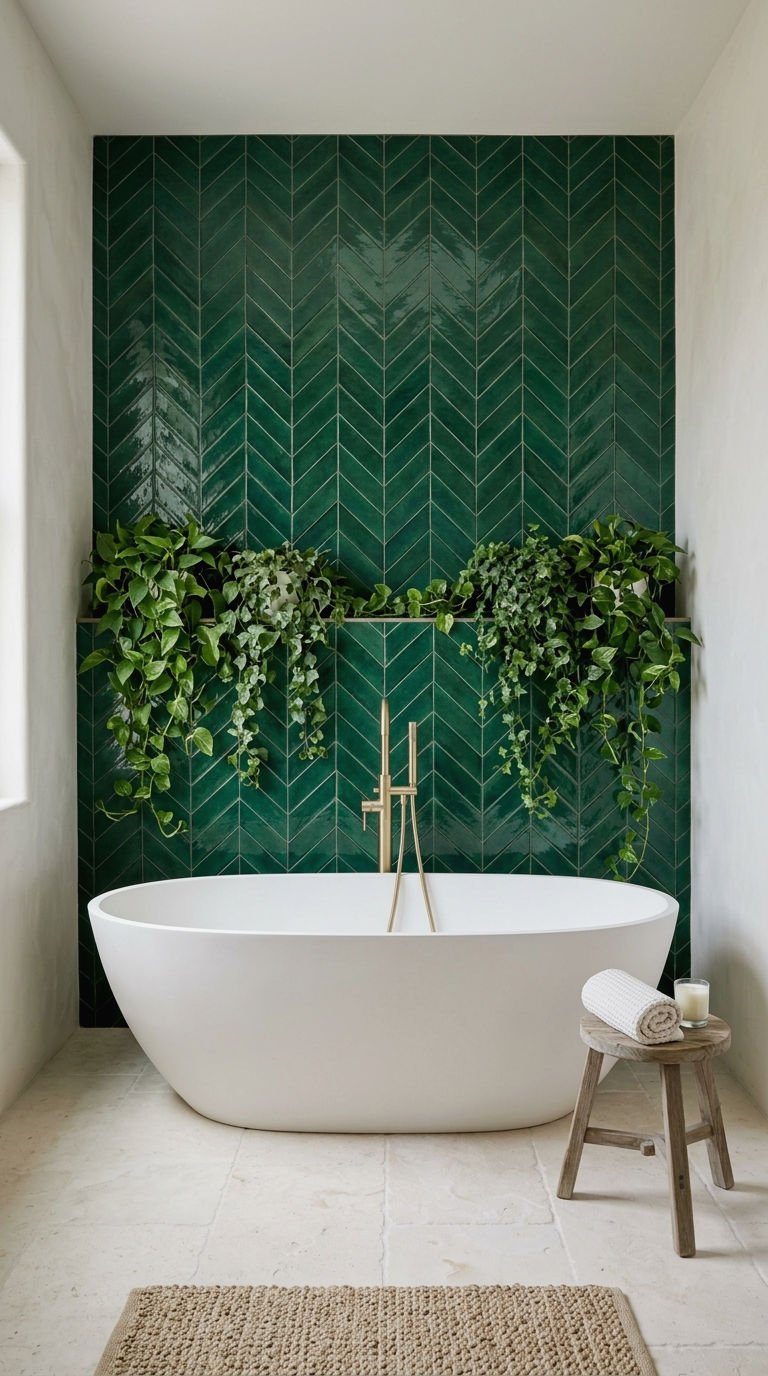 22 Chevron Bathroom Tile Ideas for a Sleek Directional Pattern 8 8. Emerald Green Chevron Feature Wall