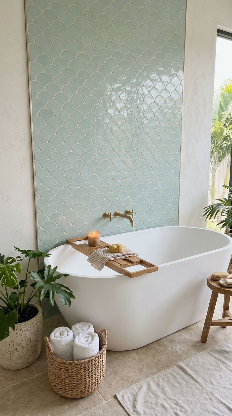 21 Fish Scale Bathroom Tile Ideas for a Coastal Inspired Look 14 14. Fish Scale Tile Behind Freestanding Tub