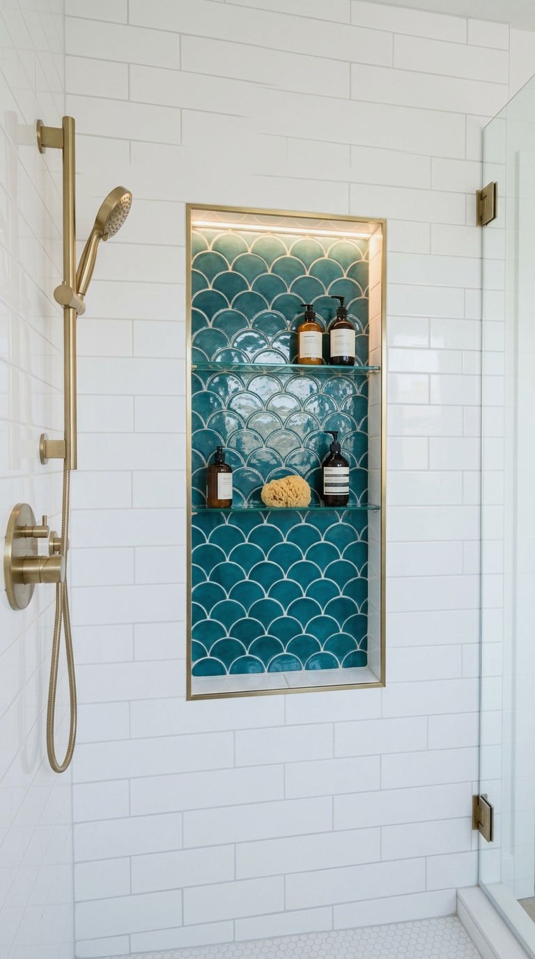 21 Fish Scale Bathroom Tile Ideas for a Coastal Inspired Look 5 5. Fish Scale Tile Shower Niche