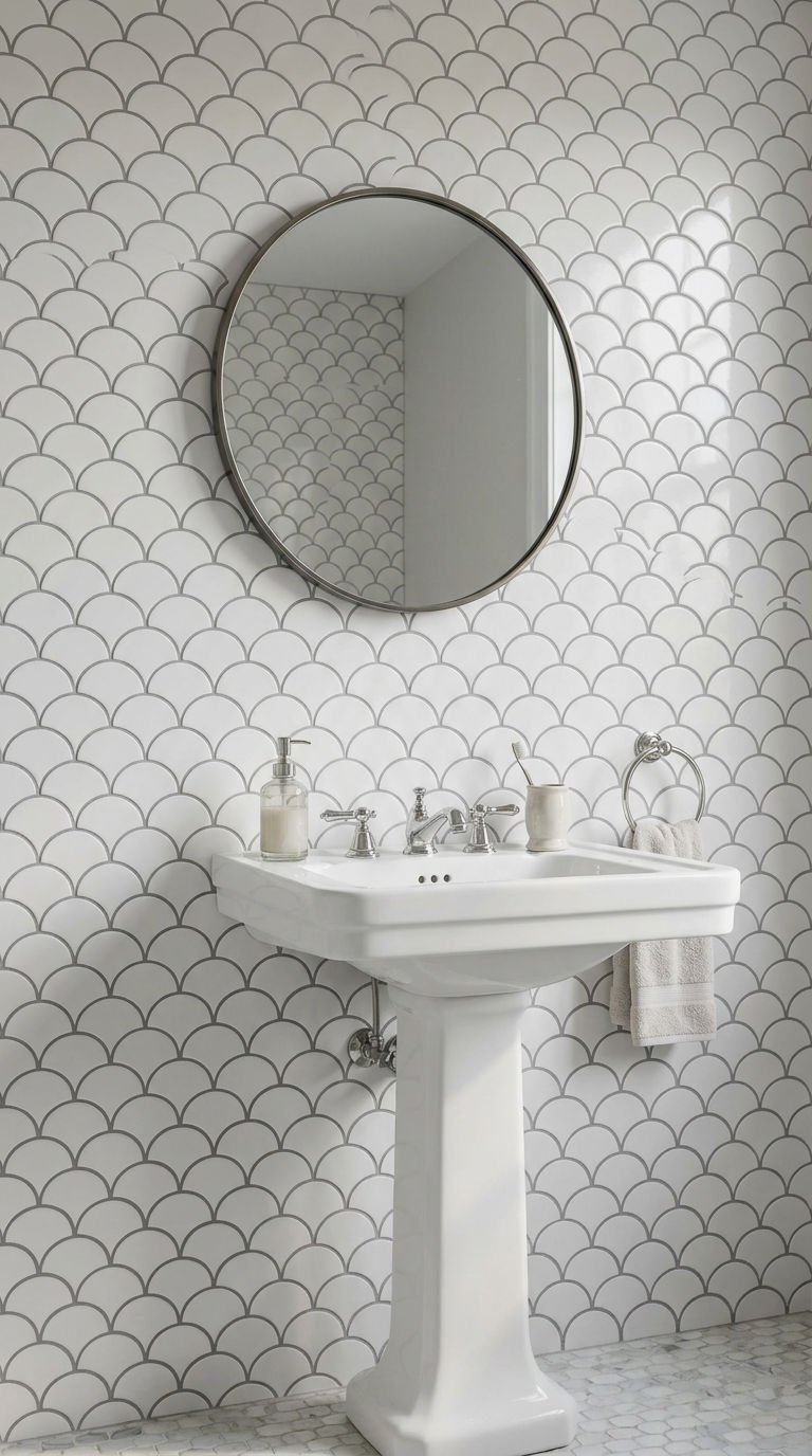 21 Fish Scale Bathroom Tile Ideas for a Coastal Inspired Look 9 9. Fish Scale Tile With Gray Grout