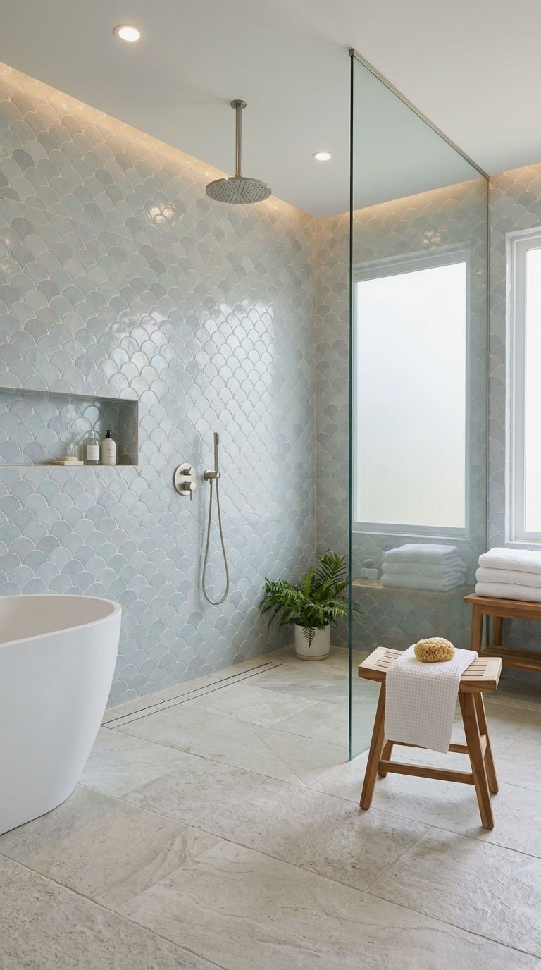 21 Fish Scale Bathroom Tile Ideas for a Coastal Inspired Look 13 13. Full Height Fish Scale Walls