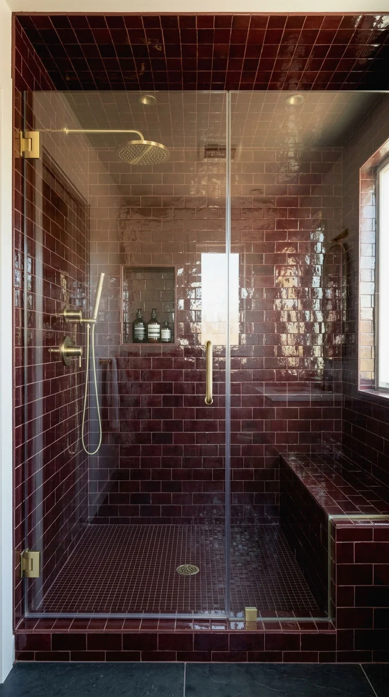 2. Glossy Burgundy Tile Shower Surround