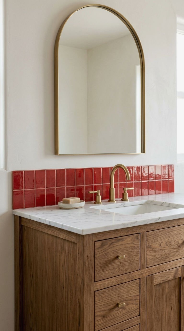 23 Red Bathroom Tile Ideas for a Bold Mediterranean Inspired Space 5 5. Glossy Red Backsplash Behind the Vanity