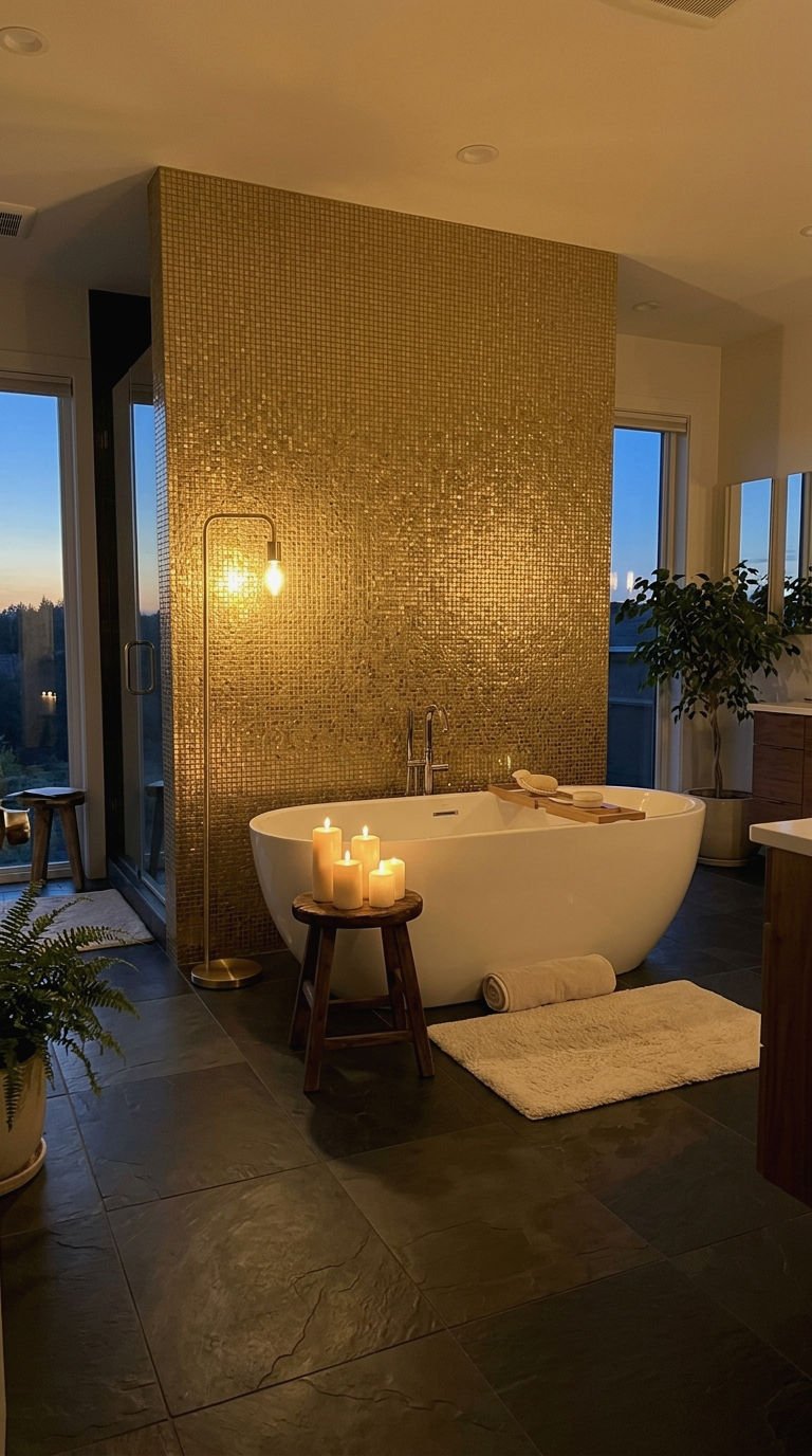 21. Gold Accent Wall Behind a Freestanding Tub