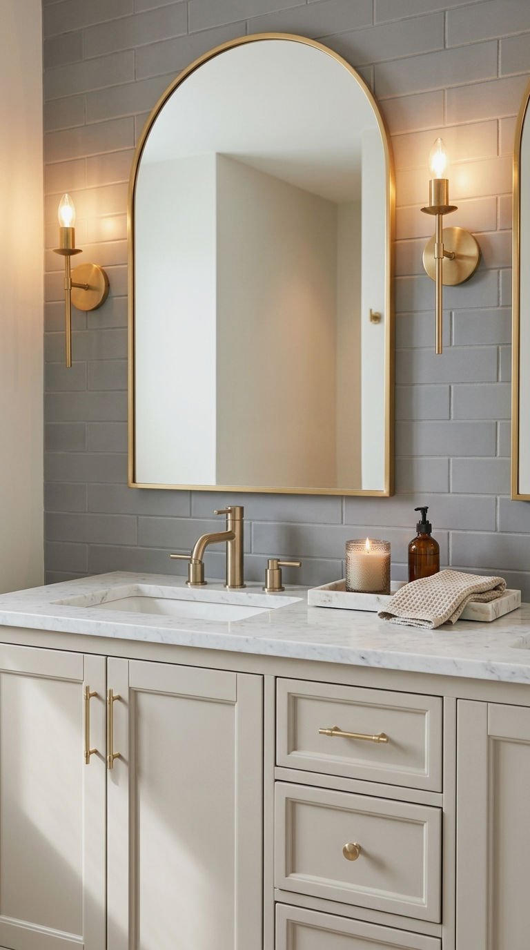 3. Gold Arched Mirror Bathroom Glow