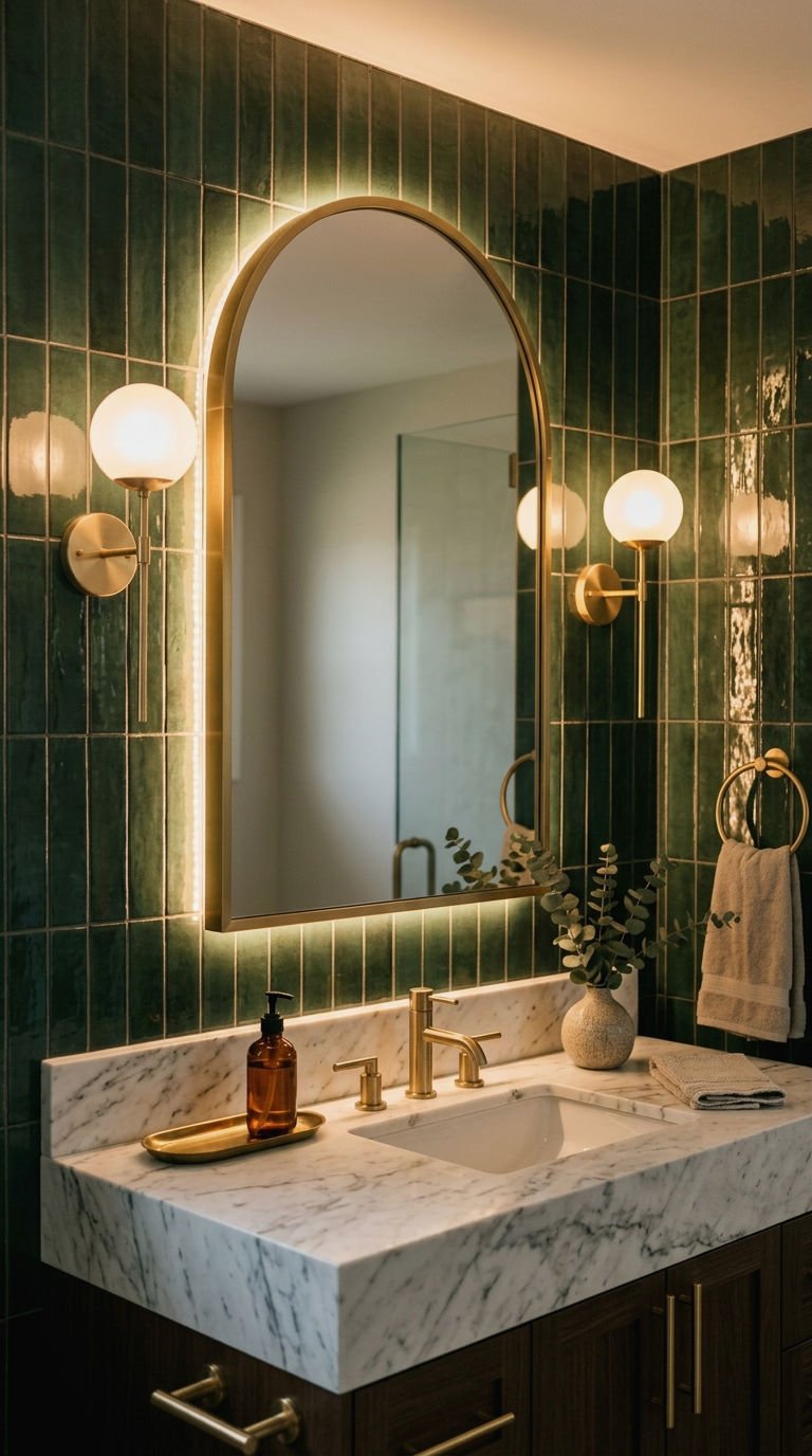 9. Gold Framed Backlit Bathroom Mirror