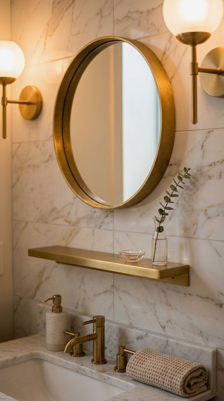 23 Round Mirror With Shelf Ideas for Small Bathrooms 4 4. Gold Round Mirror With Shelf