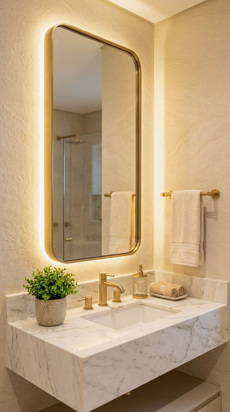 15. Gold Trim LED Mirror for Warmth