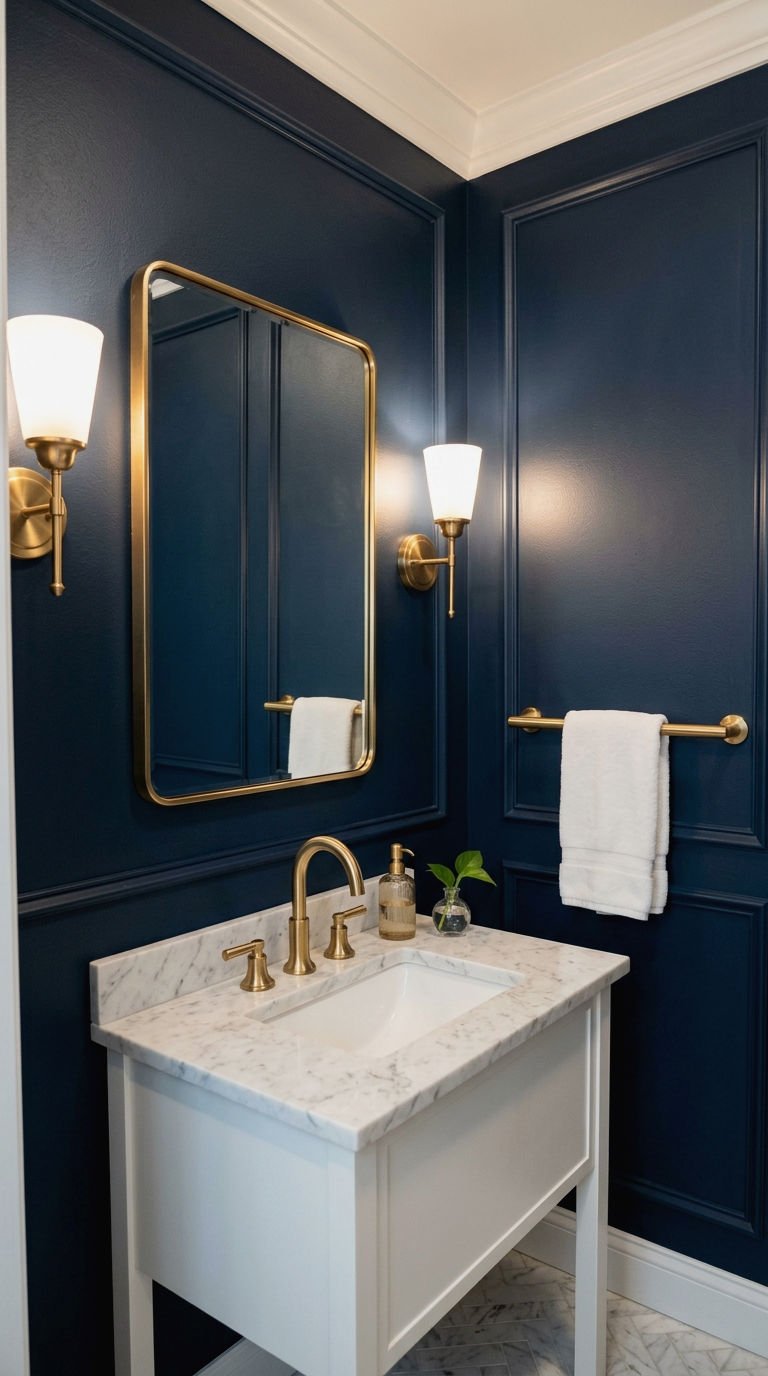 21 Tall Narrow Rectangle Mirror Ideas for a Small Half Bath 6 6. Gold Trim Rectangle Mirror for Glam